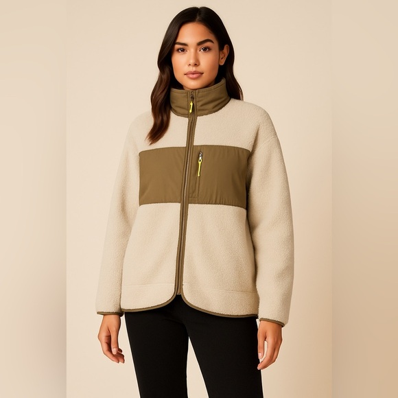 H&M Sherpa Fleece Jacket with Nylon Panel & Neon Zipper Pull – Size L - Picture 1 of 8